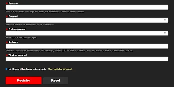 User registration form on PHPJJ online casino platform